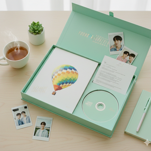 Open green box containing a CD, photo album with a rainbow balloon illustration, and photos on a light wooden table.