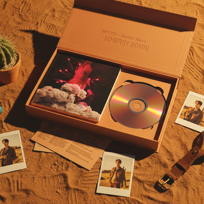 Music album packaging with CD and photos on a sandy surface
