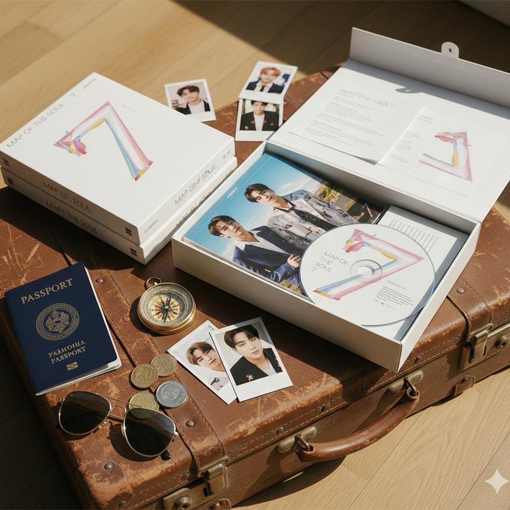 Open box containing album, photos, and a passport on a wooden surface