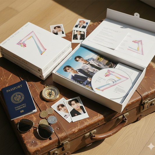 Open box containing album, photos, and a passport on a wooden surface