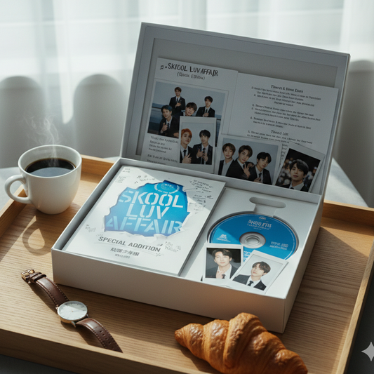 Music album packaging with CD, photo book, and coffee on a tray