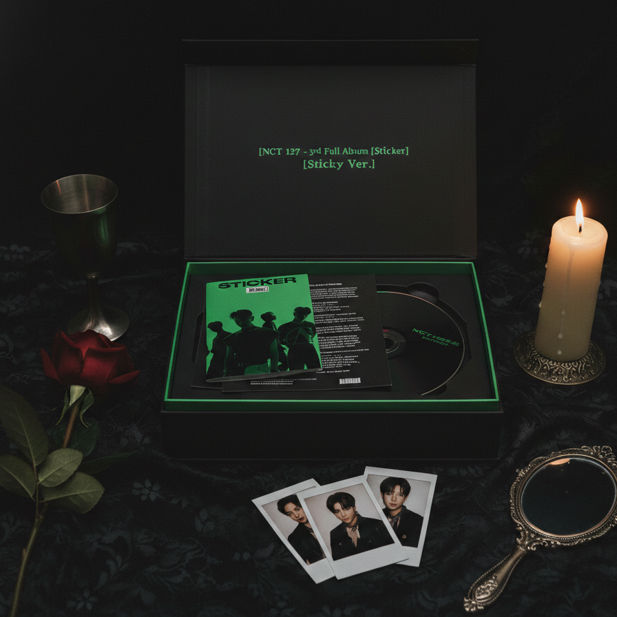 K-pop album packaging with promotional photos and a candle on a dark surface